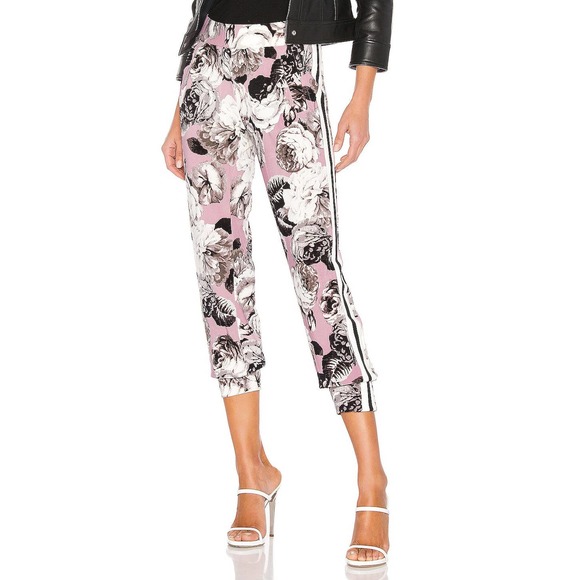 Norma Kamali Pants - Norma Kamali Side Stripe Jog Pant Pink Peonies Floral Print Athleisure SZ S